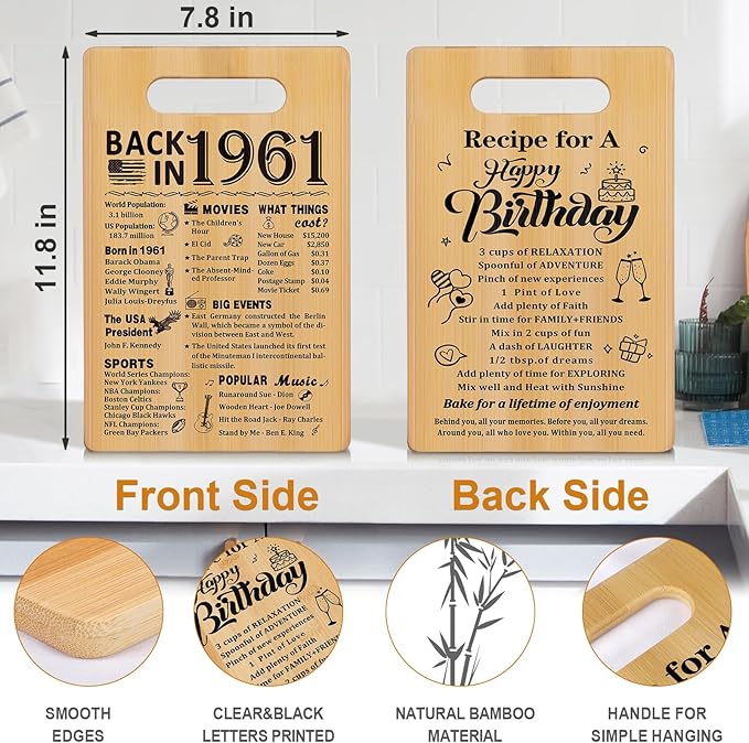 65th Birthday Gifts for Women Men,Back In 1961&Recipe for A Happy Birthday Double sided Cutting Board Gift for Her Him,65th birthday gifts ideas,cool gifts for 65 year old woman