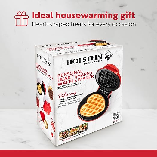 Holstein Housewares Personal Non-Stick Heart Waffle Maker, Red - 4-inch Waffles in Minutes, Mini Heart Ideal for Breakfast, Brunch, Lunch or Snacks