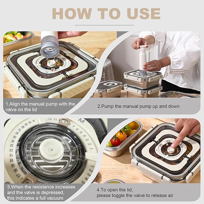 Compact vacuum sealer pump - 2PACK Stainless Steel Vacuum Food Storage Containers [60 fl oz] -With Handles for Easy Carrying, Keep Food Fresh Longer, Leak-Proof, Ideal for Meal Prep, Marinating