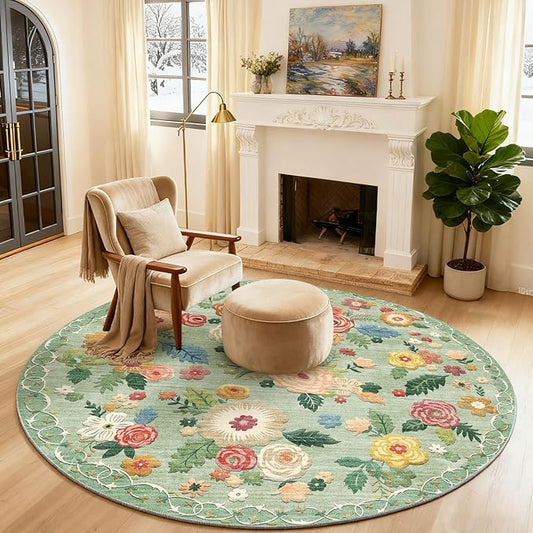 4x4 Round Bedroom Rug Washable: Round AreaRug Stain Resistant Green Floral Rug Non Slip Low Pile Small Carpet for Bedroom Kitchen Entryway Living Room Bedside Office Dorm Kids Room Entrance