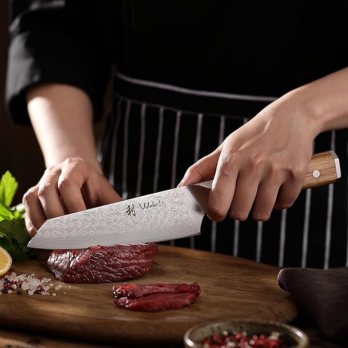 Wakoli Oribu Kiritsuke Chef's Knife – Full Tang Kitchen Knife | 7-Inch Blade Made of 67-Layer Damascus Steel with AUS-10 Core | Ergonomic Olive Wood Handle | Premium Quality, Gift Box Included
