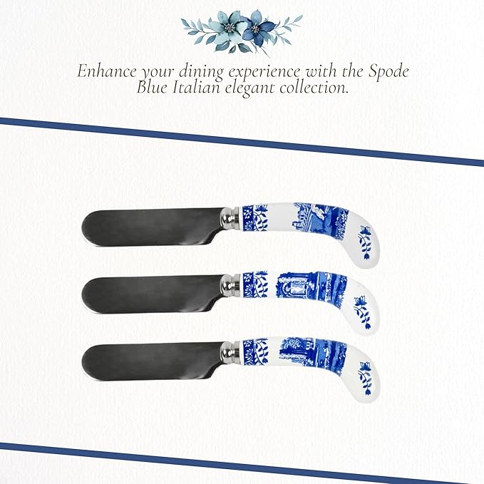 Spode Blue Italian Cheese Knife and 6 Spreaders, Stainless Steel with Porcelain Handle, 4.75 Inches, Jam Spreader, Butter, and Pastry Knife