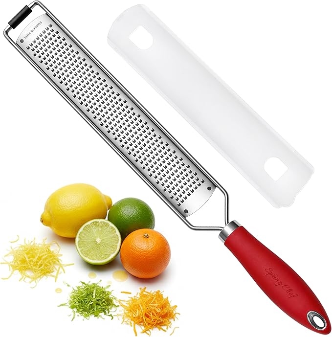 Spring Chef Stainless Steel Lemon Zester Grater with Handle - Garlic, Cheese, Parmesan, Nutmeg, Lime, Ginger Grater - Heavy Duty Kitchen Tool - Citrus Zester with Blade Cover - Fine Shred - Red