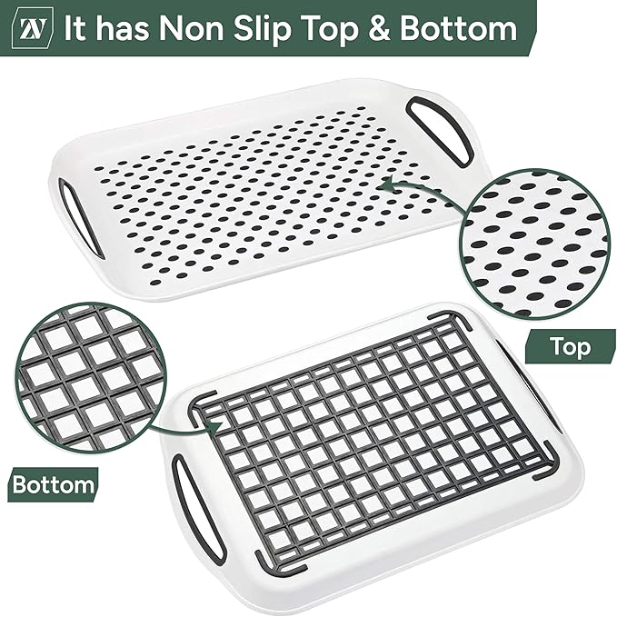 Zuvo Anti-Slip Food Serving Tray with Handles (Set of 2) – BPA-Free Plastic, Lightweight & Durable – Non-Slip Couch Trays for Eating & Drinks (White)