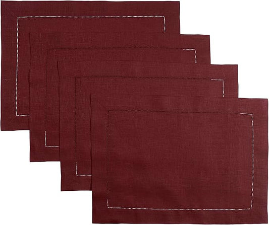 D'Moksha Homes Linen Placemats Set of 4 - Classic Hemstitch Dark Red Placemats 14 x 19 Inch - 100% Pure Linen Table Mats for Valentines, Spring - Handcrafted and Machine Washable