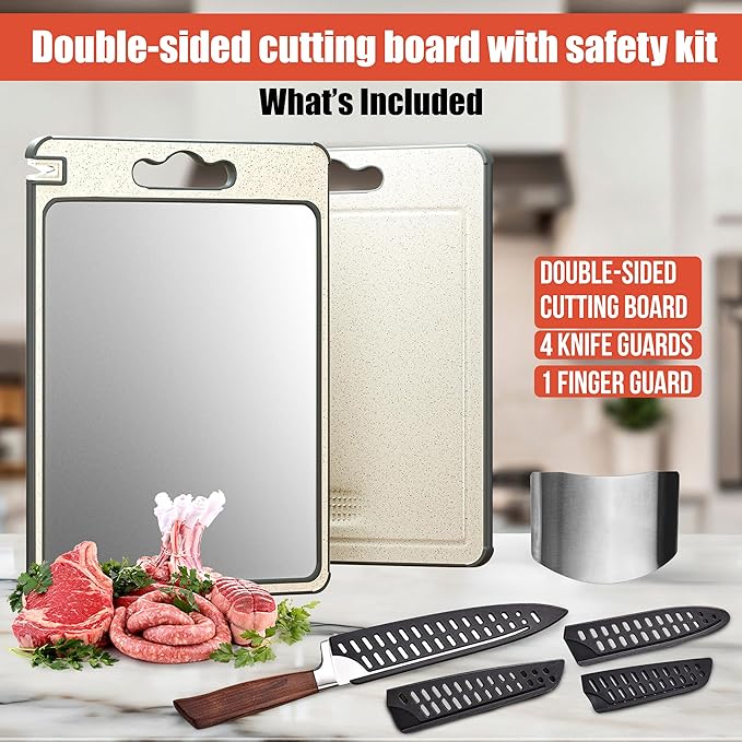 100% Pure Titanium Cutting Board Pro | Non Toxic Chopping Board for Kitchen | Dual Sided, Metal & Wheat Straw Boards with Knife Guards & Sharpener, Finger Guard & Juice Groove