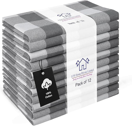 LFH Home 100% Cotton Cloth Reusable Dinner Napkins Set of 12 Washable Soft Decorative Buffalo Plaid Gingham and Checkered Table Napkins for Holidays Wedding Farmhouse Decor 18x18 Inch-Charcoal & White
