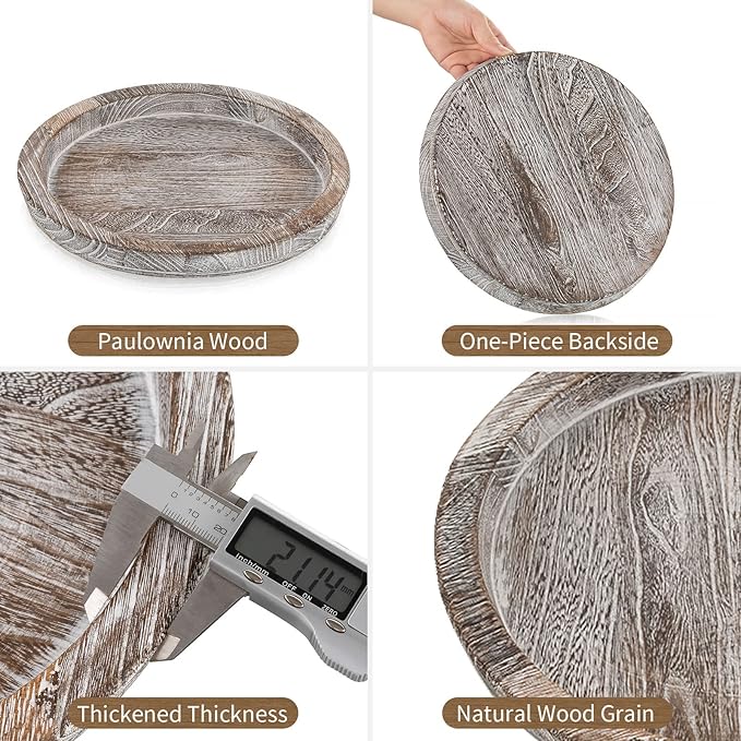 Hanobe Candle Plate Holder Tray: Round Wooden Decorative Candle Plate Small Farmhouse Table Centerpiece Rustic Whitewash Wood Tealight Pillar Trays for Christmas Wedding Halloween Home Decor