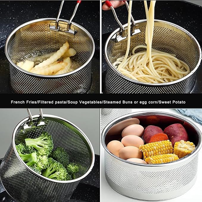 Tenta Kitchen Pasta Strainer Boiling Blanching Colander Vegetable Steamer Basket Stainless Steel Fryer Basket with Removable handle Insert for Veggie Fish Seafood Cooking and heat food 7 Inch