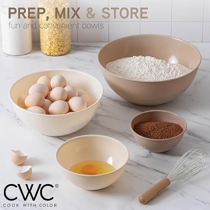 COOK WITH COLOR Mixing Bowls with TPR Lids - 12 Piece Plastic Nesting Bowls Set includes 6 Prep Bowls and 6 Lids, Microwave Safe (Brown)