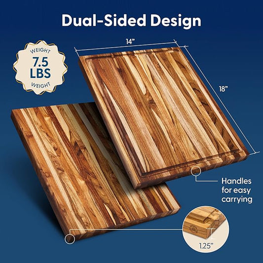 Sonder Los Angeles Laurel Cutting Board | Teak Edge Grain Cutting Board for Kitchen with Juice Groove | Reversible Charcuterie Butcher Block | Gift Box Included | 18x14x1.25 in