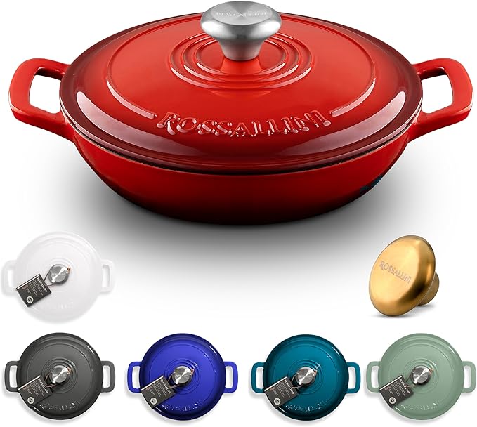 ROSSALLINI Signature Enameled Cast Iron Braiser, Non-Stick Serving Pot with Tight Fitting Lid for Perfect Roasting, Baking, Sauteing, Searing, and Pan Frying | 5Q (4.7L) - Red