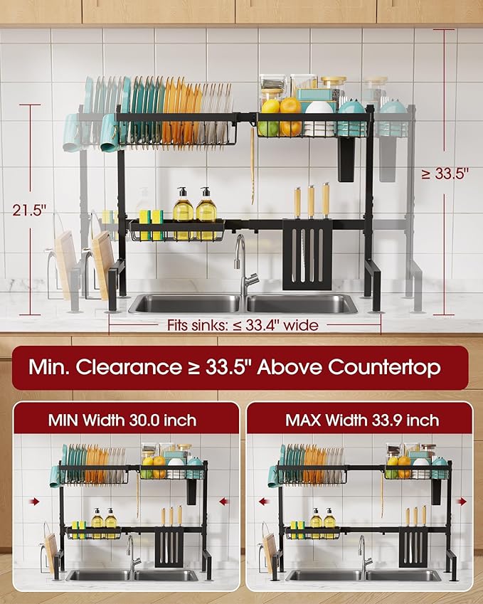 Over The Sink Dish Drying Rack - Adjustable 2 Tier Large Capacity Stainless Steel Drainer with Cutlery & Utensil Holders, Kitchen Storage & Organization, 30"-33.9" L x 11" W x 21.5" H, Black