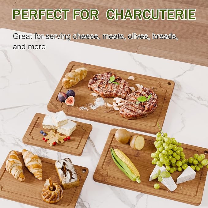 Bamboo Cutting Boards for Kitchen, Wood Cutting Board Set with Juice Grooves & Built-in Handles, Easy Storage & Clean Chopping Board for Meat, Vegetables, Fruit(4 Pcs)
