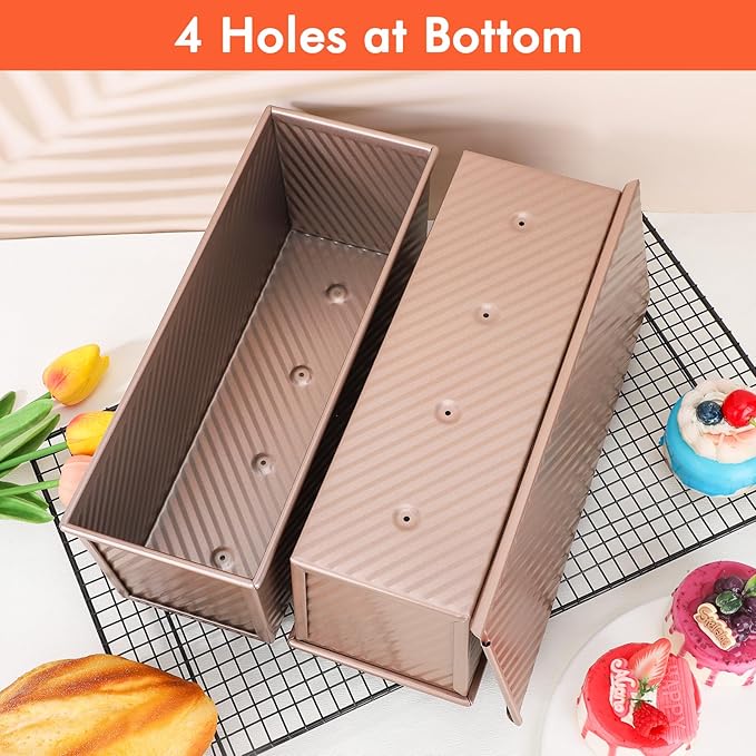 Beasea Pullman Loaf Pan with Lid, 2 Pack 2 lb Large Bread Loaf Pans 12x4inch Nonstick Carbon Steel Toast Box with Dough Scraper Set for Homemade Bread Bakeware Oven Baking - Rose Gold