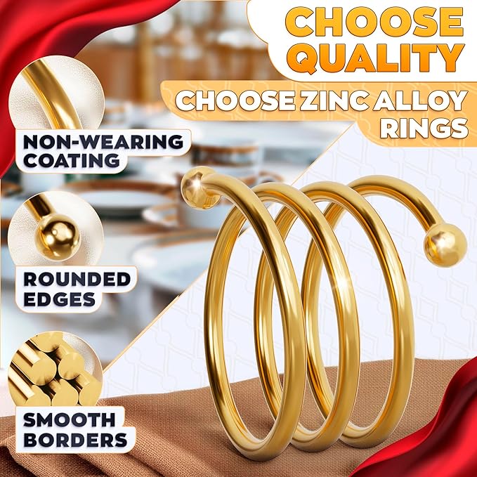 Gold Napkin Rings Set of 8 - Easter Napkin Rings with Elegant Spiral Design | Durable Metal & Shiny Gold Finish | Great for Weddings, Holidays & Everyday Use | Festive Easter Holiday Table Decoration