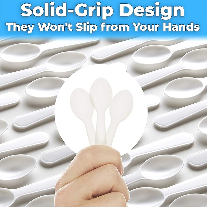 Extra Sturdy, BPA Free 100ct Plastic Tasting Spoons. Disposable Mini Tasters for Sampling or Individual Portions of Ice Cream, and Appetizers. Great for Food Trucks, Parties and Events