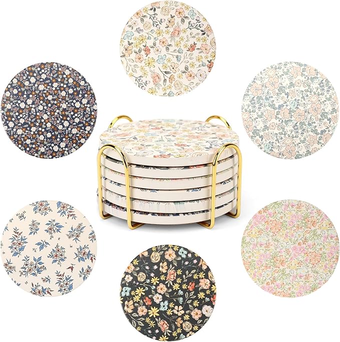Coasters for Drinks Set of 6 with Holder, Absorbent Ceramic Stone, Flower Coffee Table Décor, Decorative Cup Coasters for Kitchen, Living Room, Farmhouse & Garden, Accessories for Tea & Coffee Table.