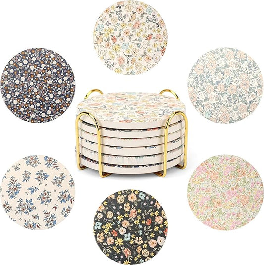 Coasters for Drinks Set of 6 with Holder, Absorbent Ceramic Stone, Flower Coffee Table Décor, Decorative Cup Coasters for Kitchen, Living Room, Farmhouse & Garden, Accessories for Tea & Coffee Table.