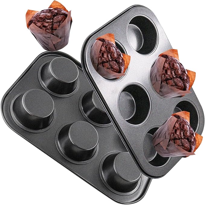 DRAONGYE 2 Packs Round Muffin Baking Pan, Premium Steel Muffin Pan for Baking, Cupcake Tin Cheesecake Pans, Bakeware Muffin Top Pan (6 Cups,Black)