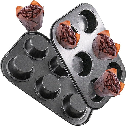 DRAONGYE 2 Packs Round Muffin Baking Pan, Premium Steel Muffin Pan for Baking, Cupcake Tin Cheesecake Pans, Bakeware Muffin Top Pan (6 Cups,Black)