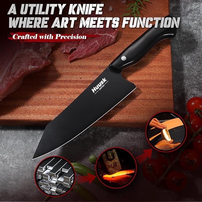Huusk Japanese Chef Knife for Kitchen - 7" Kirisuke Knife with Black Titanium Coating, Stainless Kitchen Cooking Knifes for Vegetable & Meat Cutting, Ultra Sharp Sushi Knives, Men's Christmas Gifts