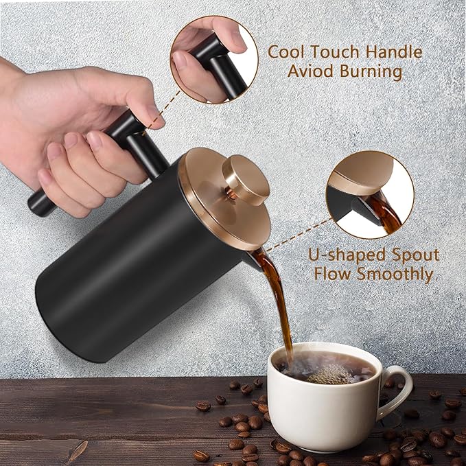 WORBIC Black Stainless Steel French Press Coffee Maker, Double Wall Insulated French Press,for Coffee&Tea,with 3 Extra Screens and a Coffee Spoon,34oz/1000ml,Gold