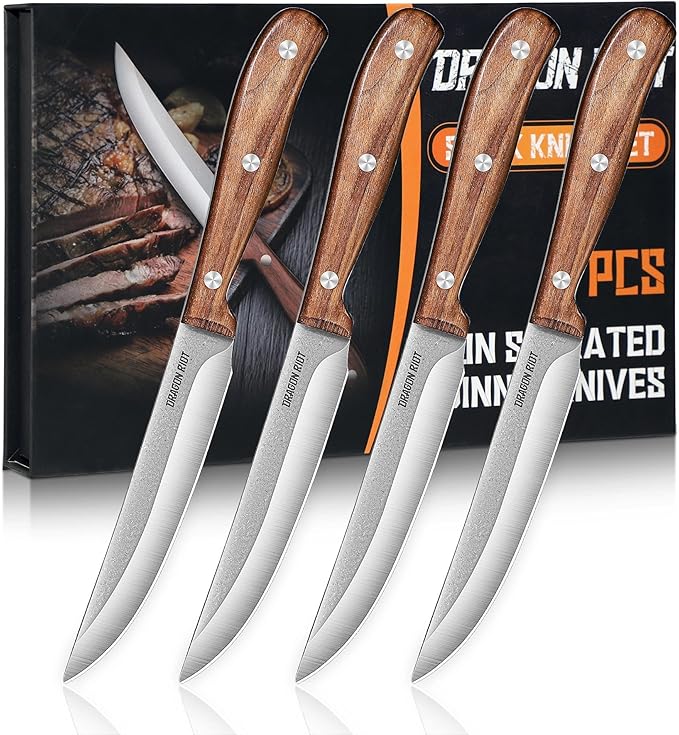 DRAGON RIOT Steak Knives Set of 4, Ultra Sharp Steak Knife Set Japanese VG-10 Stainless Steel Non Serrated Steak Knives Full Tang Wood Handle with Gift Box