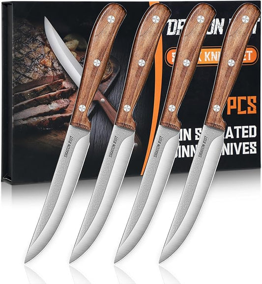 DRAGON RIOT Steak Knives Set of 4, Ultra Sharp Steak Knife Set Japanese VG-10 Stainless Steel Non Serrated Steak Knives Full Tang Wood Handle with Gift Box