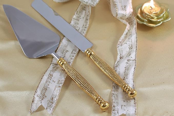 Server Set, Cake, Pie, Desert Flatware Set, String of Beads Design, 2-piece 18/10 Stainless steel with brass handles (light antique gold finish)…