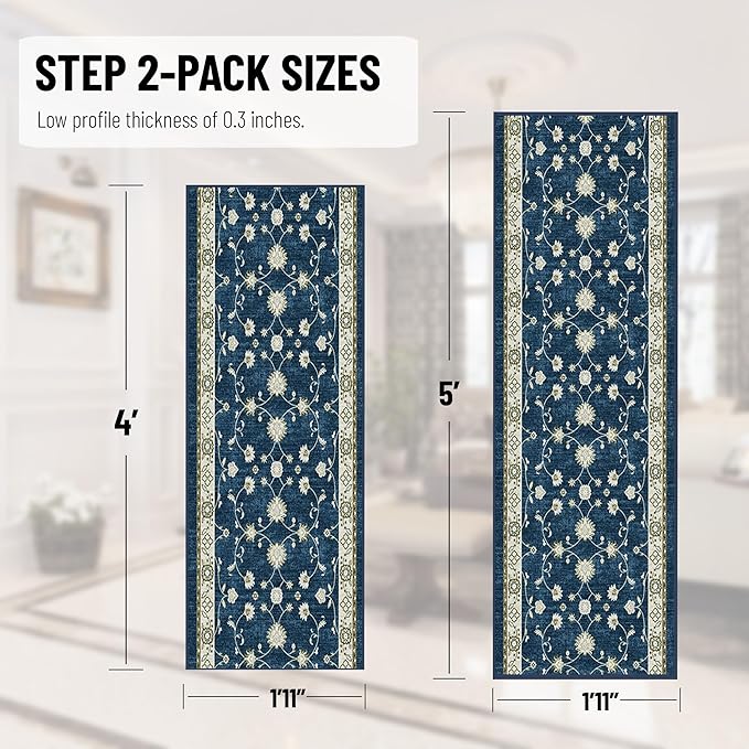 Ottomanson 2-Piece Kitchen Rug Set - Non Slip Runner & Washable Mat - 1'11" x 4' + 1'11"' x 5' - Durable, Stain Resistant for Entryway, Bedroom and Bathroom, Mahal Navy