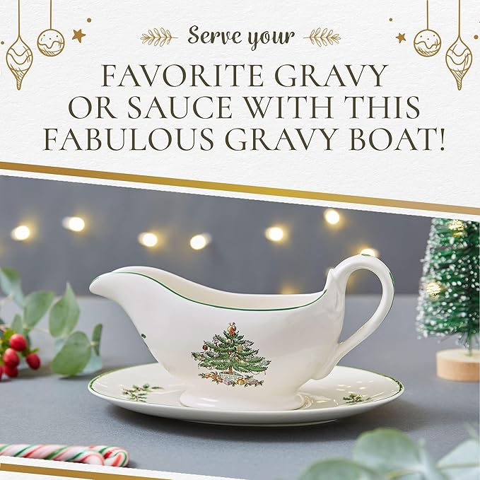 Spode Christmas Tree 9 Oz Gravy Boat & Stand - Festive Stoneware Sauce Boat with Tray for Holiday Gatherings, Serveware for Gravy, Sauces & Syrups - Microwave, Dishwasher & Oven Safe