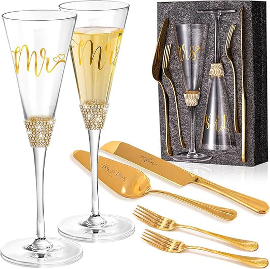 VARLKA Wedding Cake Knife and Server Set, Bride and Groom Champagne Glasses and Gold Cake Cutting Set for Wedding, Cake Cutter and Champagne Flutes Glass for Mr and Mrs Gifts for Coples (Gold)