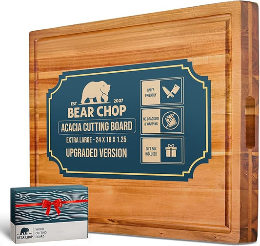 Bearchop Acacia Wood Cutting Boards for Kitchen, [24"x18"x1.25"] Extra Large Cutting Boards with Juice Groove, Handle, Gift Box, Anti Crack/Warp Design Acacia Wood Butcher Block Cutting Board