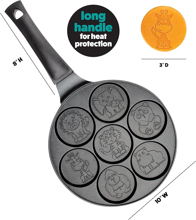 Animal Mini Pancake Pan- Make 7 Unique Flapjack Zoo Animals, Includes Elephant, Giraffe and More- Nonstick Pan Cake Maker Griddle for Morning Breakfast Fun & Easy Cleanup- Easter Basket Stuffer Gift