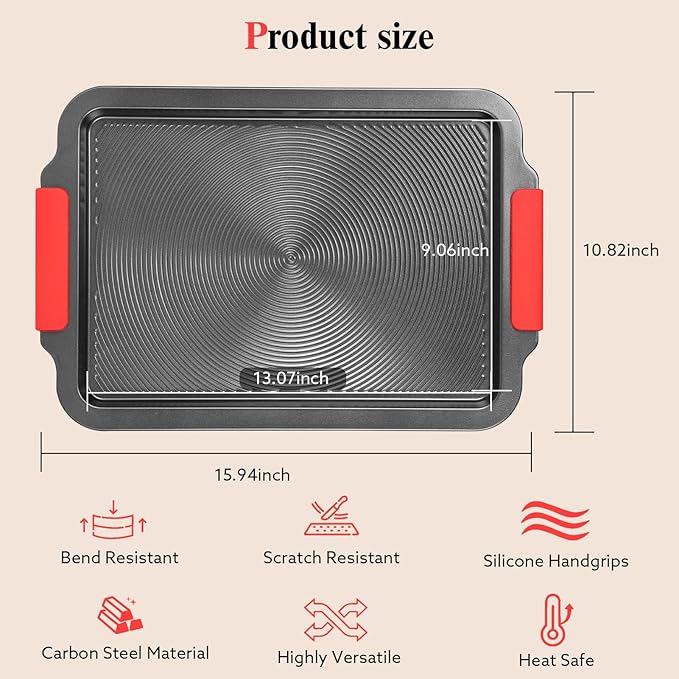 Biubumtu Baking Sheet with Circle Grooves, 1-Piece 16x11in Nonstick Cookie Sheets for Baking & Roasting, Baking Pans with Red Grips, PFAS/PTFE Free,Gray
