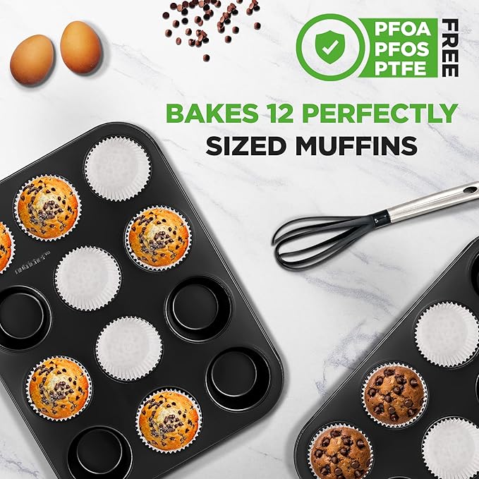 NutriChef Non-Stick 2-Piece 12 Cup Muffin Pans with 100 Parchment Cupcake Liners, Carbon Steel, Professional Grade Muffin Pans for Baking, Durable & Dishwasher Safe 13.7"x10.4"x1.1" Inch (Black)