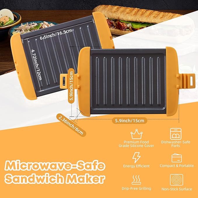 Microwave Sandwich Maker, Microwave Toastie Maker, Snack Maker & Panini Press, Microwavable Metal, Removable Non-Stick Plates Silicone Microwavable Cookware, Dishwasher Safe, Orange