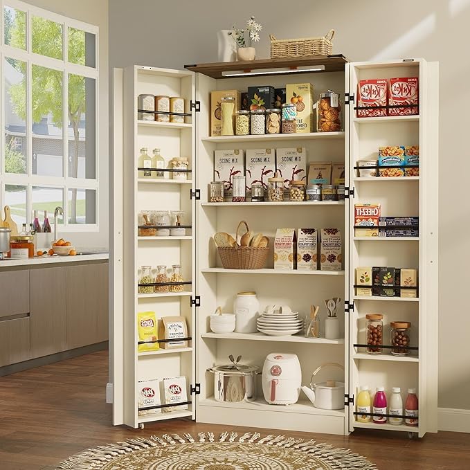 Tall Kitchen Pantry Cabinet: 67" Off White Farmhouse Pantry Cabinet for Kitchen Storage, Large Wood Food Storage Cabinet with Doors, Freestanding Food Cupboard