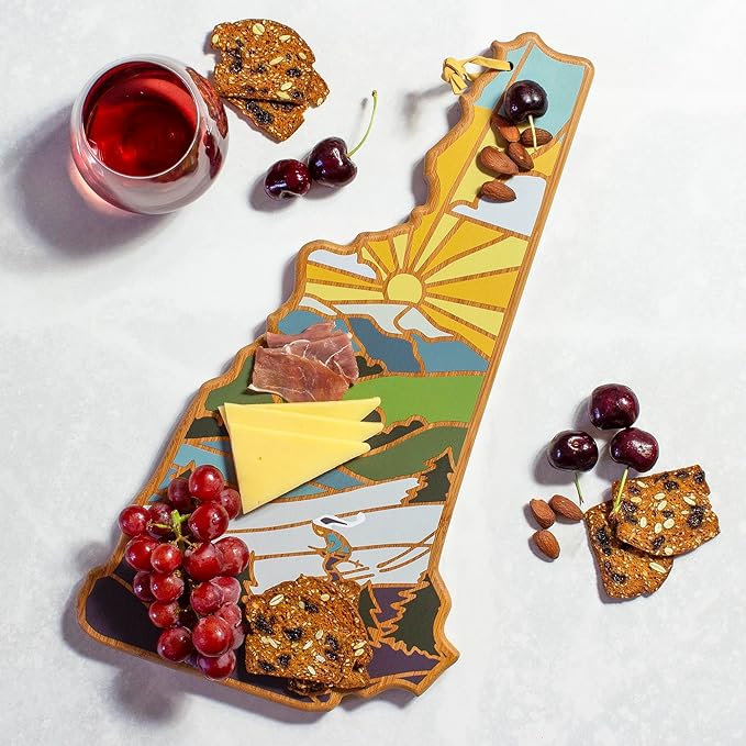 Totally Bamboo New Hampshire State Shaped Cutting Board and Charcuterie Serving Platter with Artwork by Summer Stokes, Includes Hang Tie for Wall Display