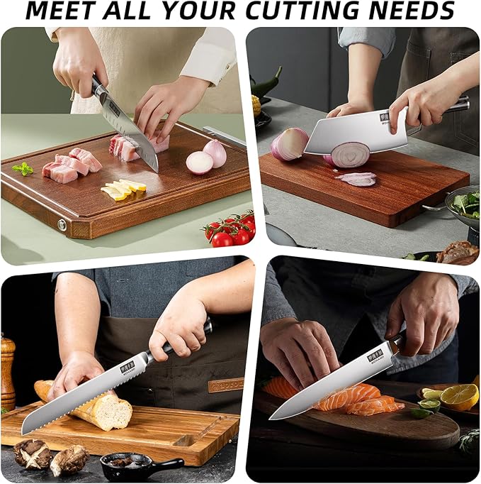 MDHAND Chef Knife Set with Roll Bag, 10PCS Professional Knife Set with Sharpener, High Carbon Stainless Steel Japanese Kitchen Knives - Black Pakkawood Handle, Dishwasher Safe, For Cooking, Chef Gifts