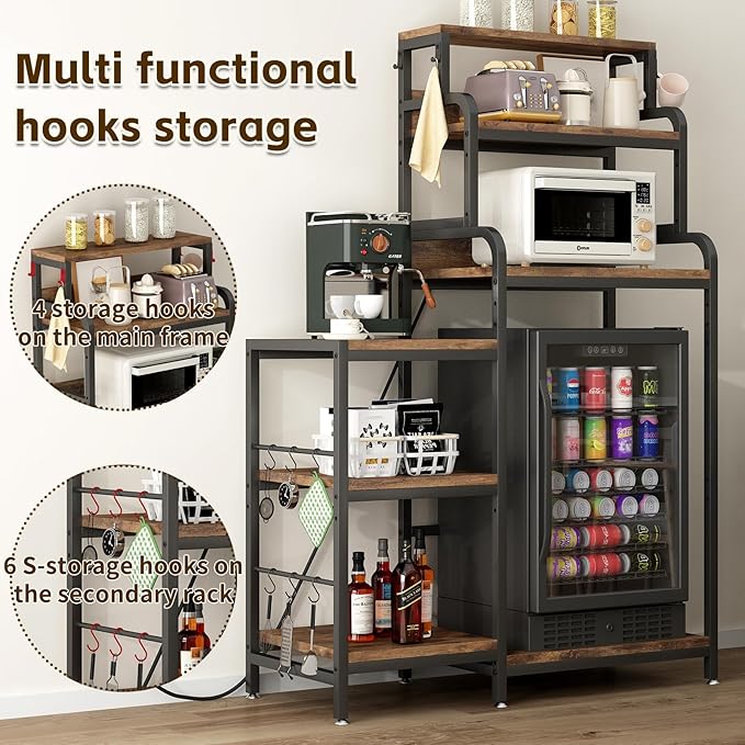 Bakers Rack with 7-Tier Mini Adjustable Shelves and Power Outlet, Heavy-Duty Metal Frame Kitchen Shelf Organizer, Mini Fridge & Microwave Stand for Kitchen, Dorm, Living Room, Walnut Brown