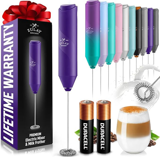 Zulay Kitchen Powerful Milk Frother Handheld with 2 Duracell AA Batteries – Ultra Fast Frother Wand Electric Drink Mixer for Coffee, Lattes, Cappuccinos, Matcha & Hot Chocolate – Portable Foam Maker