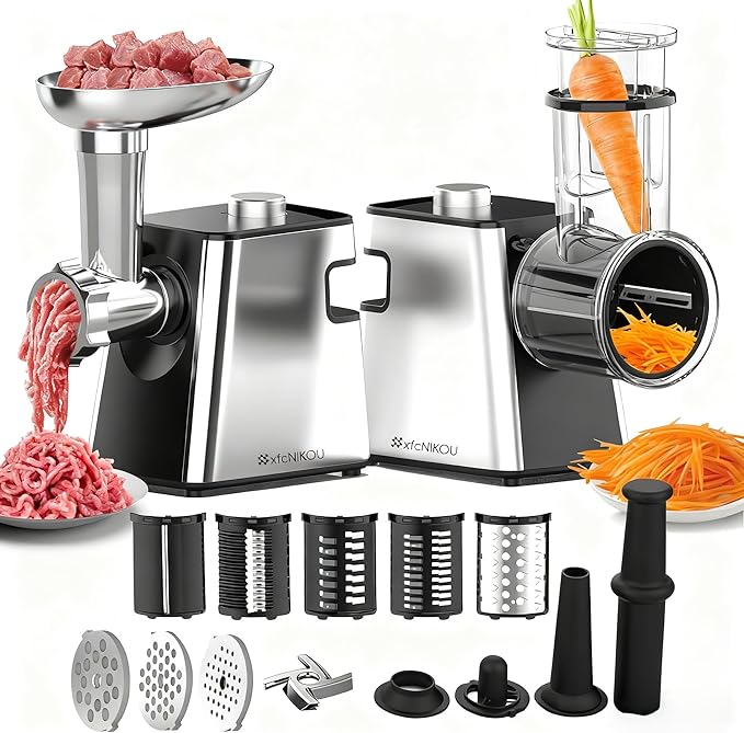 XFCNIKOU Electric Meat Grinder, Cheese Grater, 2800W Max Stainless Steel Veggie Shredder, Vegetable Cutter with 5 Slice Blades, 3 Grinding Plates, Sausage Stuffer & Kubbe Kit, for Home Kitchen Use