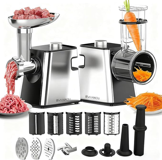 XFCNIKOU Electric Meat Grinder, Cheese Grater, 2800W Max Stainless Steel Veggie Shredder, Vegetable Cutter with 5 Slice Blades, 3 Grinding Plates, Sausage Stuffer & Kubbe Kit, for Home Kitchen Use