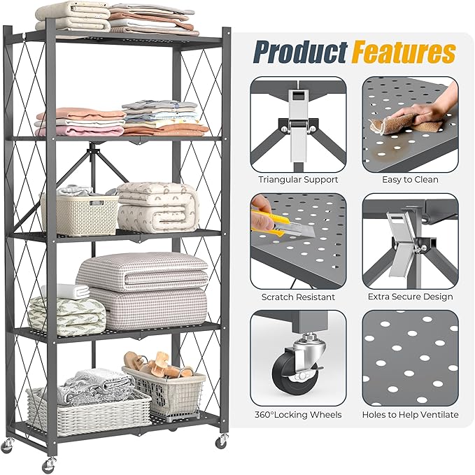 5-Tier Folding Metal Storage Rack - 63" Heavy-Duty Steel Frame with Wheels, No Assembly Utility Organizer, Rolling Shelving Unit for Kitchen, Garage, Pantry, Bedroom (Gray, 5 Tier)