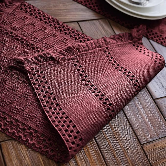 Alynsehom Macrame Table Runner Burgundy Boho Table Runners with Tassels Hand Woven Cotton Table Runner Rustic Farmhouse Table Runners for Bohemian Kitchen Dining Table(12x95in)