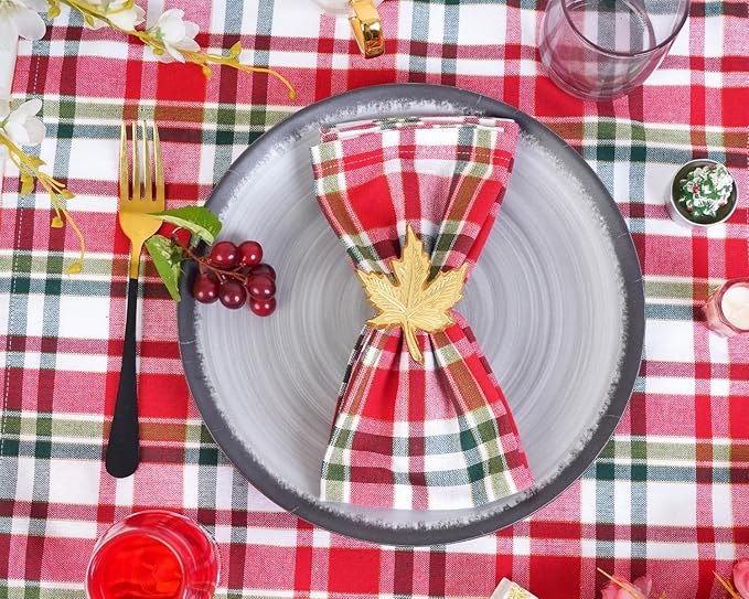 Blue Needles Gingham Buffalo Plaid Cloth Napkins 100% Cotton Set of 12 Dinner Table Napkins 18x18 inch Soft, Reusable, Washable Perfect for Valentine's Day Parties & Everyday Use - Gold, Red & Green