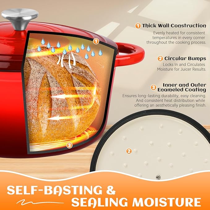 Enameled Cast Iron Dutch Oven Pot with Lid, Incl. Sourdough Bread Baking Supplies Like Banneton Bread Proofing Basket, Starter Jar, Scoring Tool Lame, 5QT Dutch Oven for Bread Baking, Oven Safe up to 500°F