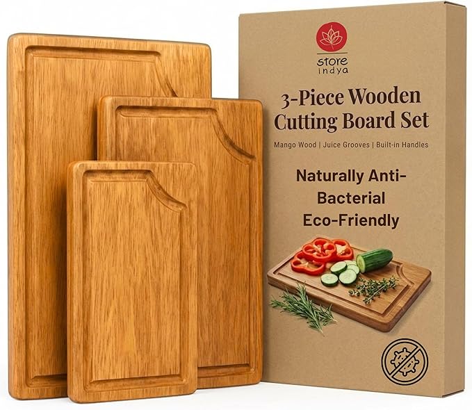 3-Piece Wooden Cutting Board Set with Juice Grooves, Mango Wood Chopping Boards for Kitchen Prep and Charcuterie Serving, Eco Friendly Multi Size Cutting Boards with Built-in Handles (Natural)